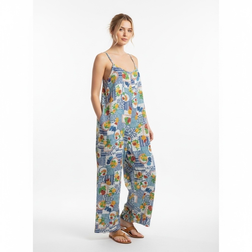 Jolie & Joy Womens XL Cotton Gauze Patchwork Jumpsuit Mediterranean Fruit Print